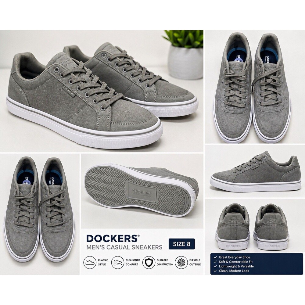 Dockers Men's Gray/White Faux Leather Lace-Up Cushioned Sneakers Size 8